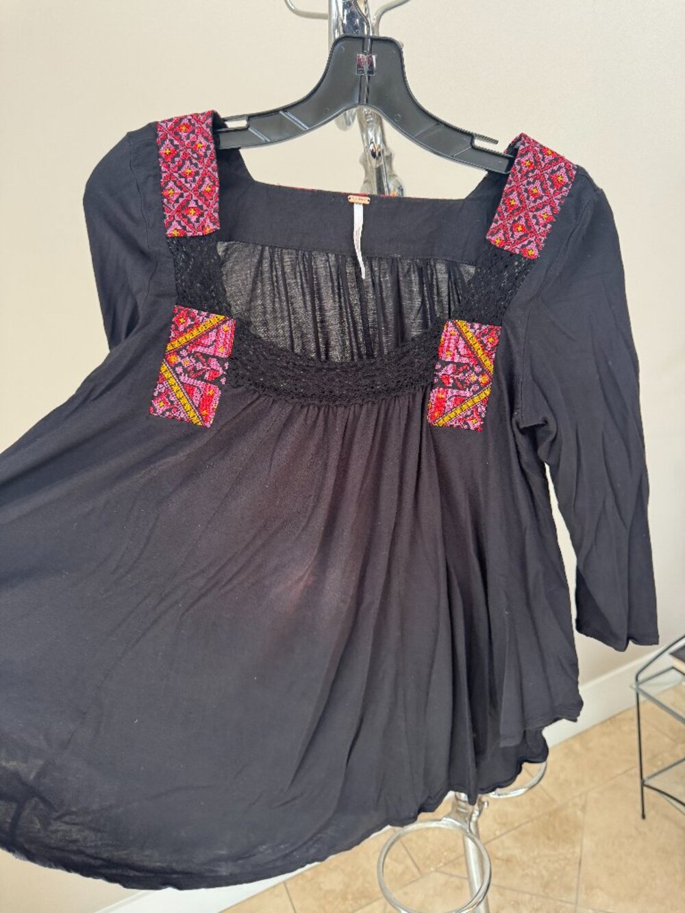 Free People Black Embroidered Boho Tunic Top